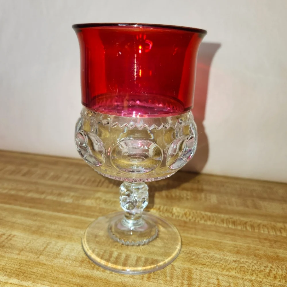 6 Indiana Tiffin King’s Crown Thumbprint Glass Ruby Globet Vintage